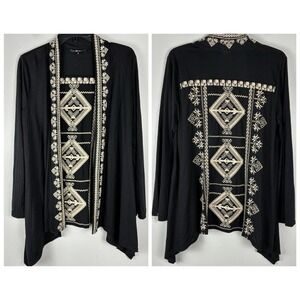 Womens Open Front Cardigan Top Sz S Black Embroidery Boho Chic Artistic Andree